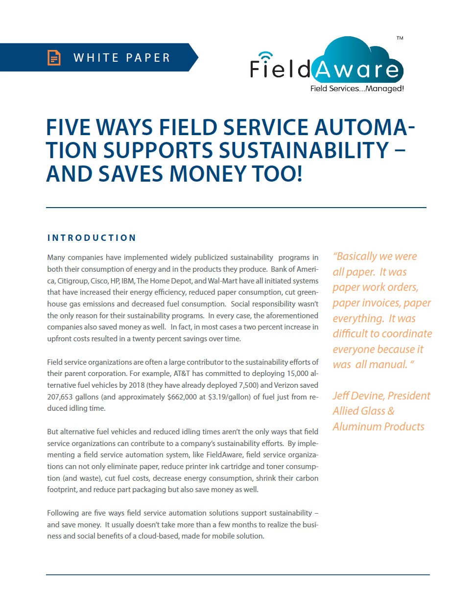 Five Ways Field Service Automation Supports Sustainability And Saves Money Too White Paper