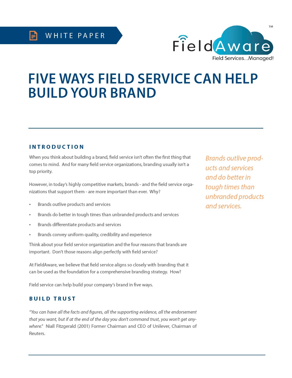 Five Ways Field Service Can Help Build Your Brand White Paper